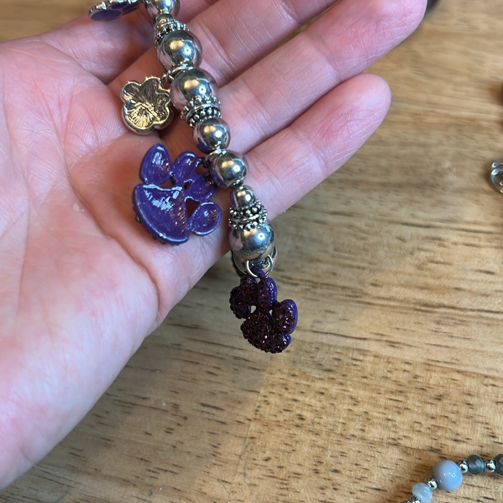 Amethyst Crystal Paw Print Charms Antique Silver Bead Stretch Bracelet - Picture 4 of 4
